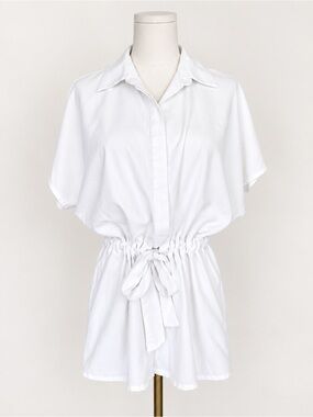 Prologue White Belted Shirt XS Dolman Sleeve Collared Mini Tunic